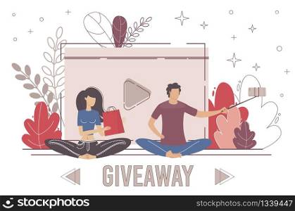Marketing Campaign with Gifts, Prizes for Clients or Company Blog Followers, New Product Promotion in Social Media Concept. Man and Woman Blogger Streaming Online Trendy Flat Vector Illustration