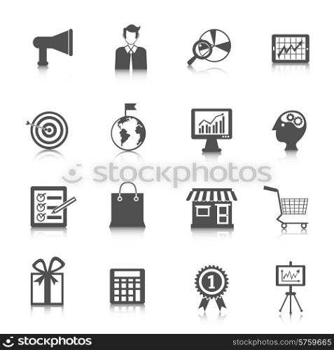 Marketing communication business technology black icons set isolated vector illustration. Marketing Icons Set
