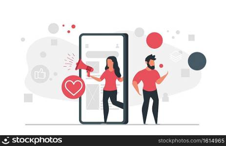 Marketing concept business illustration with people. Woman with megaphone and man with with strategy social media marketing. Network promotion advertising concept vector illustration