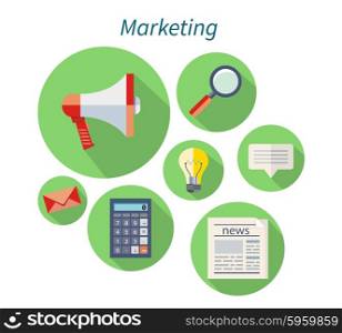 Marketing concept flat design icon. Marketing strategy, advertising and marketing icon, business web, idea management, strategy seo, optimization and organization planning illustration