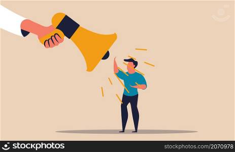 Marketing conversations of people about the news. Confidence story in the word of the customer and feedback in business. A man stands and listens to a large loudspeaker vector illustration concept.