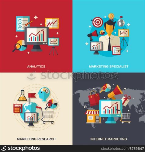 Marketing design concept set with analytics specialist internet research flat icons isolated vector illustration. Marketing Flat Icons