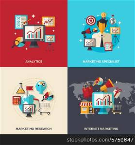 Marketing design concept set with analytics specialist internet research flat icons isolated vector illustration. Marketing Flat Icons
