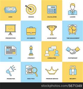Marketing flat line icons set of cash mission calculation isolated vector illustration