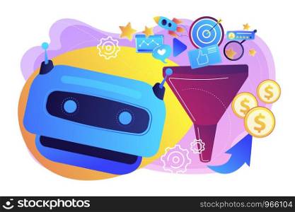 Marketing funnel, lead generation, SMM strategy. AI-powered marketing tools, AI e-commerce search, AI customer recommendations concept. Bright vibrant violet vector isolated illustration. AI-powered marketing tools concept vector illustration.