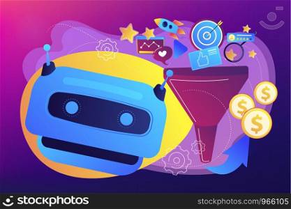 Marketing funnel, lead generation, SMM strategy. AI-powered marketing tools, AI e-commerce search, AI customer recommendations concept. Bright vibrant violet vector isolated illustration