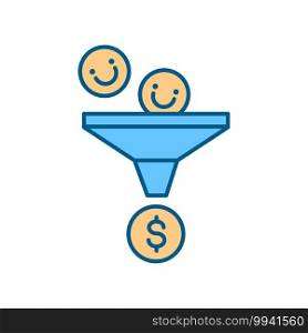 Marketing funnel RGB color icon. Business investment strategy. Leads, likes conversion into sales. Finance and economy. Financial development. Gain income. Isolated vector illustration. Marketing funnel RGB color icon