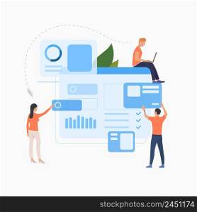 Marketing group working on business solution flat icon. Analyst, professional, developer. Teamwork concept. Can be used for topics like analysis, integrity, unity. Marketing group working on business solution flat icon
