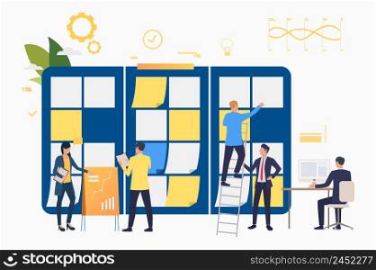 Marketing group working on presentation. Scrum meeting, teamwork, task list. Business concept. Vector illustration can be used for presentation slides, landing pages, posters. Marketing group working on presentation