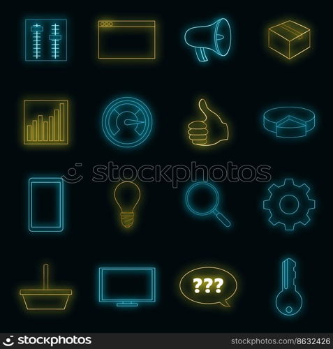 Marketing icons set. Illustration of 16 marketing vector icons neon color on black. Marketing icons set vector neon