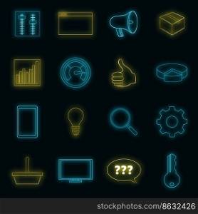 Marketing icons set. Illustration of 16 marketing vector icons neon color on black. Marketing icons set vector neon