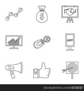 Marketing icons set. Outline illustration of 9 marketing vector icons for web. Marketing icons set, outline style