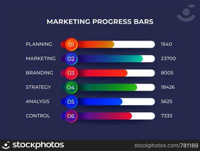 Marketing infographic elements. Presentation progress bar with financial categories, corporate report visualization. Vector illustration horizontal info graph. Marketing infographic elements. Presentation progress bar with financial categories, corporate report visualization. Vector info graph