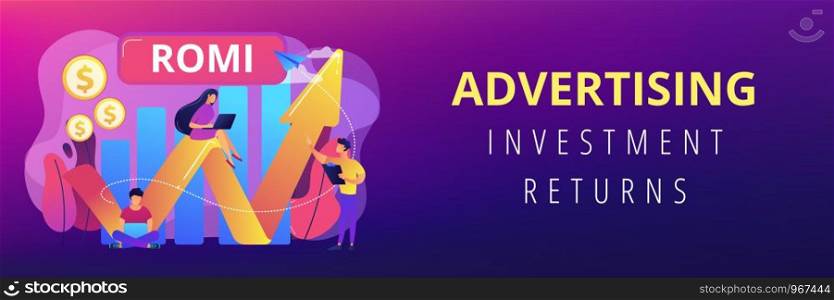 Marketing investment effectiveness chart, tiny people. Marketing investment, return on marketing investment, advertising investment returns concept. Header or footer banner template with copy space.. Marketing investment concept banner header.