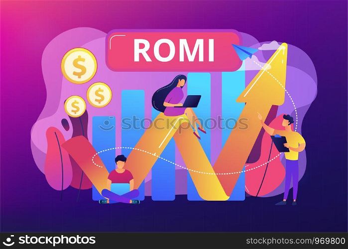 Marketing investment effectiveness chart, tiny people. Marketing investment, return on marketing investment, advertising investment returns concept. Bright vibrant violet vector isolated illustration. Marketing investment concept vector illustration.