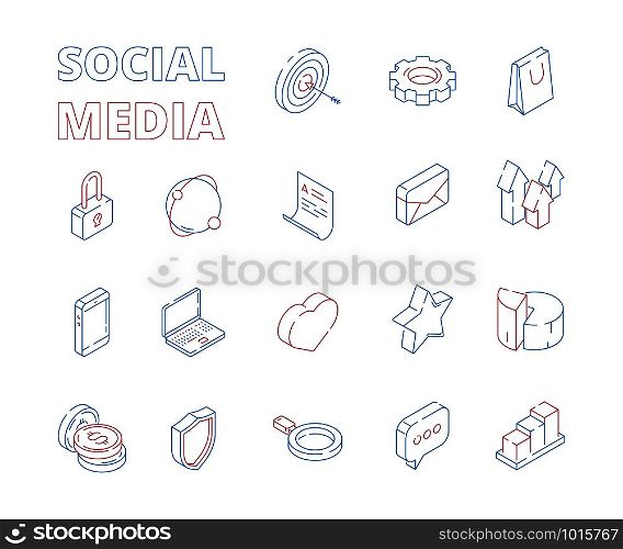 Marketing isometric icon. Web social media network symbols digital set mail graphs likes hearts news message thin line vector pictures. Illustration of social media network, isometric 3d symbol. Marketing isometric icon. Web social media network symbols digital set mail graphs likes hearts news message thin line vector pictures