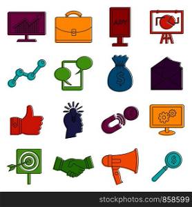 Marketing items icons set. Doodle illustration of vector icons isolated on white background for any web design. Marketing items icons doodle set