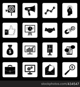 Marketing items icons set in white squares on black background simple style vector illustration. Marketing items icons set squares vector
