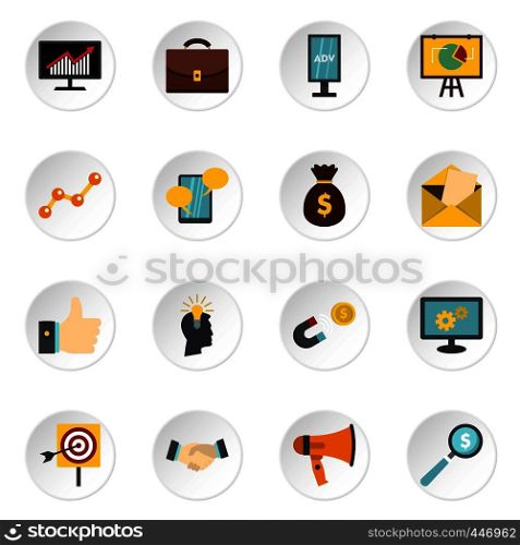 Marketing items set icons in flat style isolated on white background. Marketing items set flat icons