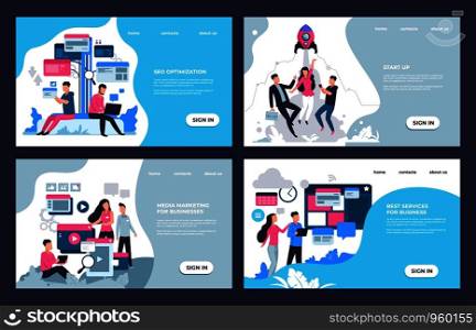 Marketing landing page. Modern SEO and online analytic concept, web sites and banners template with business characters. Vector illustrations set for cartoon website development design. Marketing landing page. Modern SEO and online analytic concept, web sites and banners template with business characters. Vector set