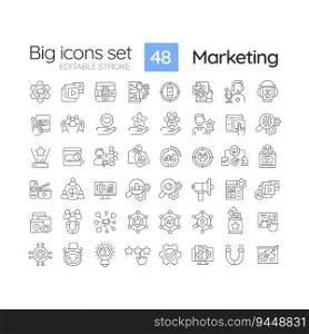 Marketing linear icons set. Business strategy. Brand development. Advertising c&aign. Sales growth. Customizable thin line symbols. Isolated vector outline illustrations. Editable stroke. Marketing linear icons set