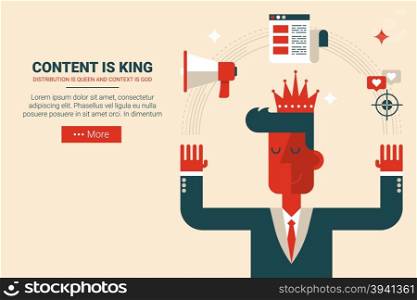 Marketing man with floating elements in content is king concept, flat design for landing page website or print material