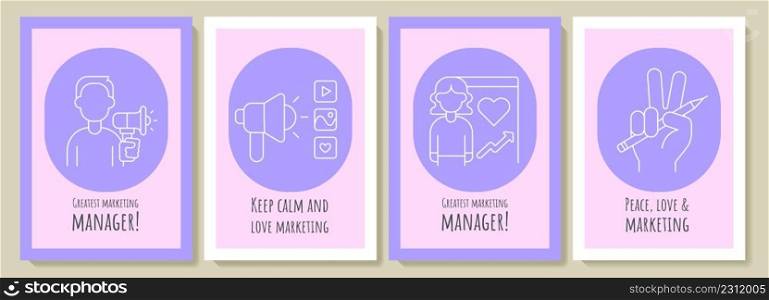 Marketing manager postcards with linear glyph icon set. Greeting card with decorative vector design. Simple style poster with creative lineart illustration. Flyer with holiday wish . Marketing manager postcards with linear glyph icon set