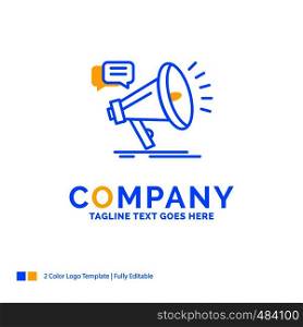 marketing, megaphone, announcement, promo, promotion Blue Yellow Business Logo template. Creative Design Template Place for Tagline.