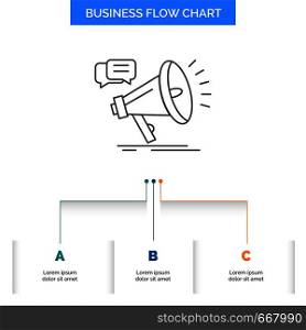 marketing, megaphone, announcement, promo, promotion Business Flow Chart Design with 3 Steps. Line Icon For Presentation Background Template Place for text. Vector EPS10 Abstract Template background