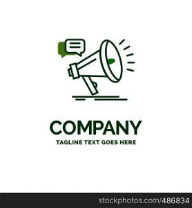 marketing, megaphone, announcement, promo, promotion Flat Business Logo template. Creative Green Brand Name Design.
