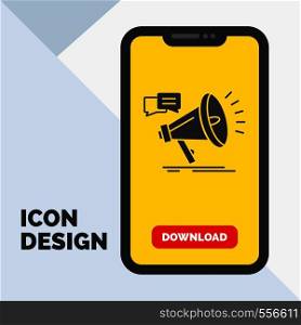 marketing, megaphone, announcement, promo, promotion Glyph Icon in Mobile for Download Page. Yellow Background. Vector EPS10 Abstract Template background