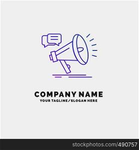 marketing, megaphone, announcement, promo, promotion Purple Business Logo Template. Place for Tagline. Vector EPS10 Abstract Template background