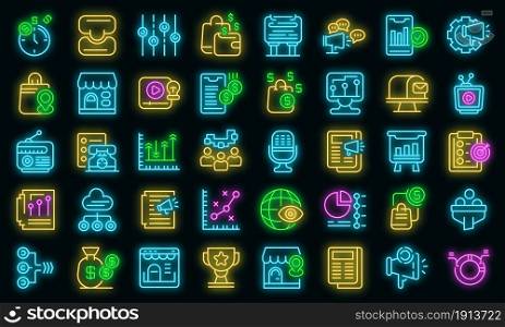 Marketing mix icons set. Outline set of marketing mix vector icons neon color on black. Marketing mix icons set vector neon
