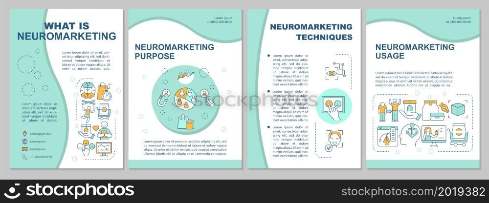 Marketing neuroscience brochure template. Neuromarketing purpose. Flyer, booklet, leaflet print, cover design with linear icons. Vector layouts for presentation, annual reports, advertisement pages. Marketing neuroscience brochure template
