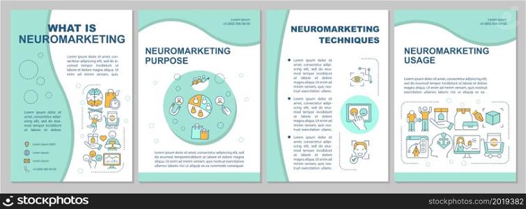 Marketing neuroscience brochure template. Neuromarketing purpose. Flyer, booklet, leaflet print, cover design with linear icons. Vector layouts for presentation, annual reports, advertisement pages. Marketing neuroscience brochure template