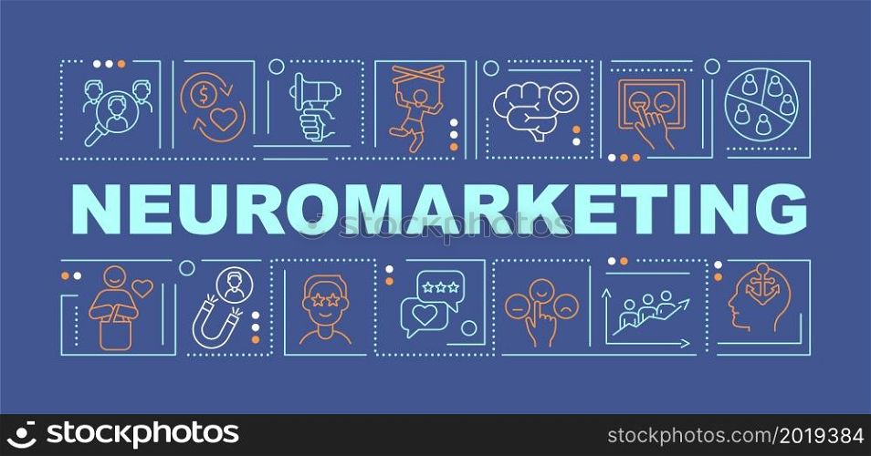 Marketing neuroscience word concepts banner. Assess consumer behavior. Infographics with linear icons on blue background. Isolated creative typography. Vector outline color illustration with text. Marketing neuroscience word concepts banner
