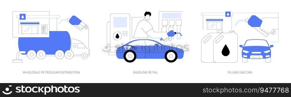 Marketing of petroleum products abstract concept vector illustration set. Wholesale petroleum and diesel distribution, gasoline retail, filling gas can, fuel station, oil industry abstract metaphor.. Marketing of petroleum products abstract concept vector illustrations.