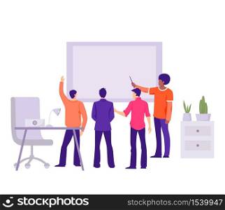Marketing office startup launching concept, Project planning and developing meeting and teamwork company employees flat team working in office brainstorming and discussing vector ideas.. Marketing office startup launching concept, Project planning and developing meeting and teamwork company.