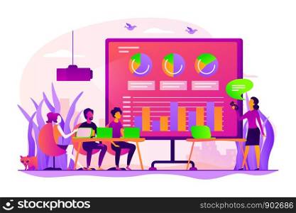 Marketing on demand, business analysis, and analytical teamwork. Office presentation, online briefing, charts and reporting representation concept. Vector isolated concept creative illustration. Analytics team concept vector illustration
