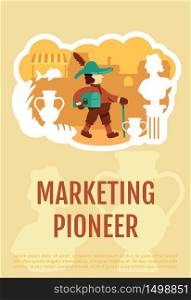 Marketing pioneer poster flat vector template. History of money making. Ancient trader. Brochure, booklet one page concept design with cartoon characters. Medieval trading flyer, leaflet. Marketing pioneer poster flat vector template