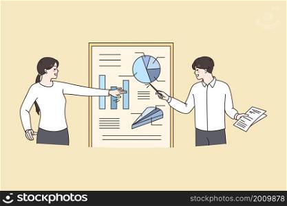 Marketing presentation and teamwork concept. Young positive colleagues man and woman standing and making presentation about business strategy marketing vector illustration . Marketing presentation and teamwork concept.