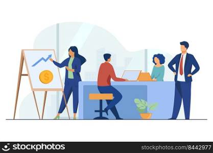 Marketing professional presenting financial chart to boss. Business team working in office flat vector illustration. Business, project management concept for banner, website design or landing web page