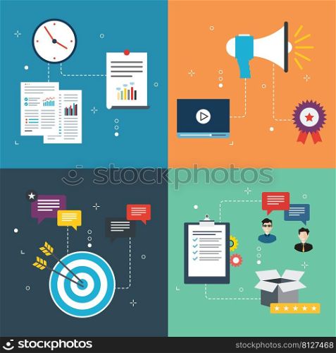 Marketing, report, advertisement and planning icons. Concepts of marketing report, advertisement and marketing, social media marketing, planning marketing. Flat design icons in vector illustration.