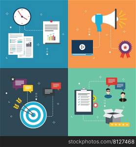 Marketing, report, advertisement and planning icons. Concepts of marketing report, advertisement and marketing, social media marketing, planning marketing. Flat design icons in vector illustration.