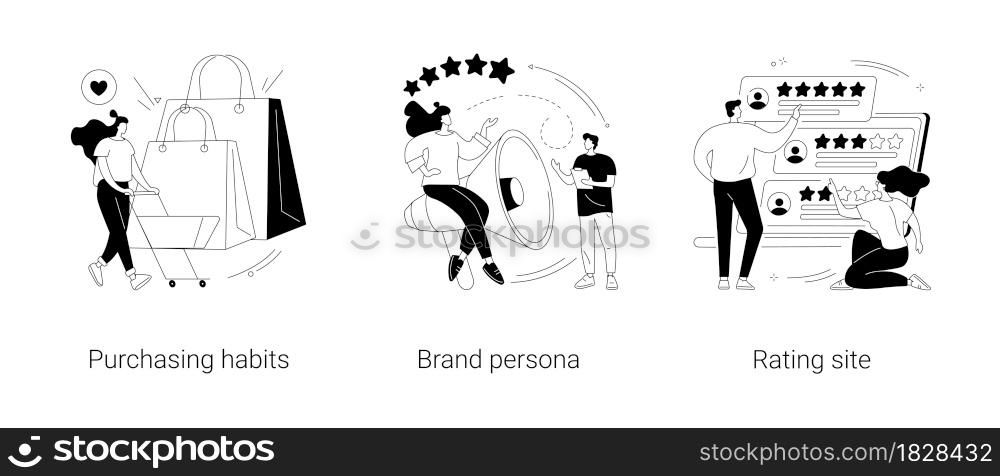 Marketing research abstract concept vector illustration set. Purchasing habits, brand persona, rating site, online shopping, focus group, user feedback, product review, e-commerce abstract metaphor.. Marketing research abstract concept vector illustrations.