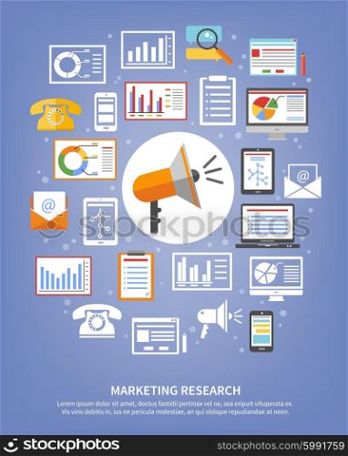 Marketing Research Icons. Set of colored and white icons about marketing research with stylish blue background with title and field for text isolated vector illustration