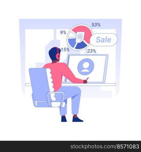 Marketing research isolated concept vector illustration. Call center worker processes data sales using laptop, customer service department, statistics search report vector concept.. Marketing research isolated concept vector illustration.