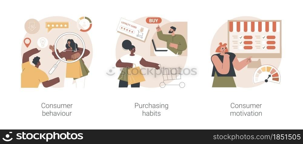 Marketing research service abstract concept vector illustration set. Consumer behaviour, purchasing habits, consumer motivation, shopping sale growth strategy, targeting strategy abstract metaphor.. Marketing research service abstract concept vector illustrations.