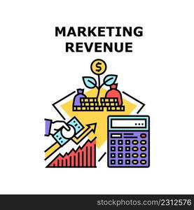 Marketing Revenue Vector Icon Concept. Marketing Revenue Manager Researching Financial Report And Investment. Calculating Money And Analyzing Finance Infographic Color Illustration. Marketing Revenue Vector Concept Illustration