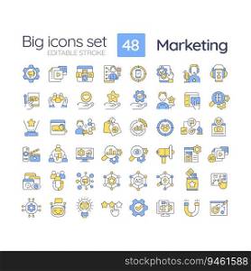 Marketing RGB color icons set. Business strategy. Brand development. Advertising c&aign. Profit growth. Isolated vector illustrations. Simple filled line drawings collection. Editable stroke. Marketing RGB color icons set